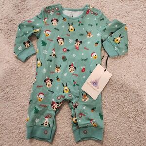 Disney Baby Light‎ Green Mickey Minnie Donald Goofy Holiday Christmas Romper 6M